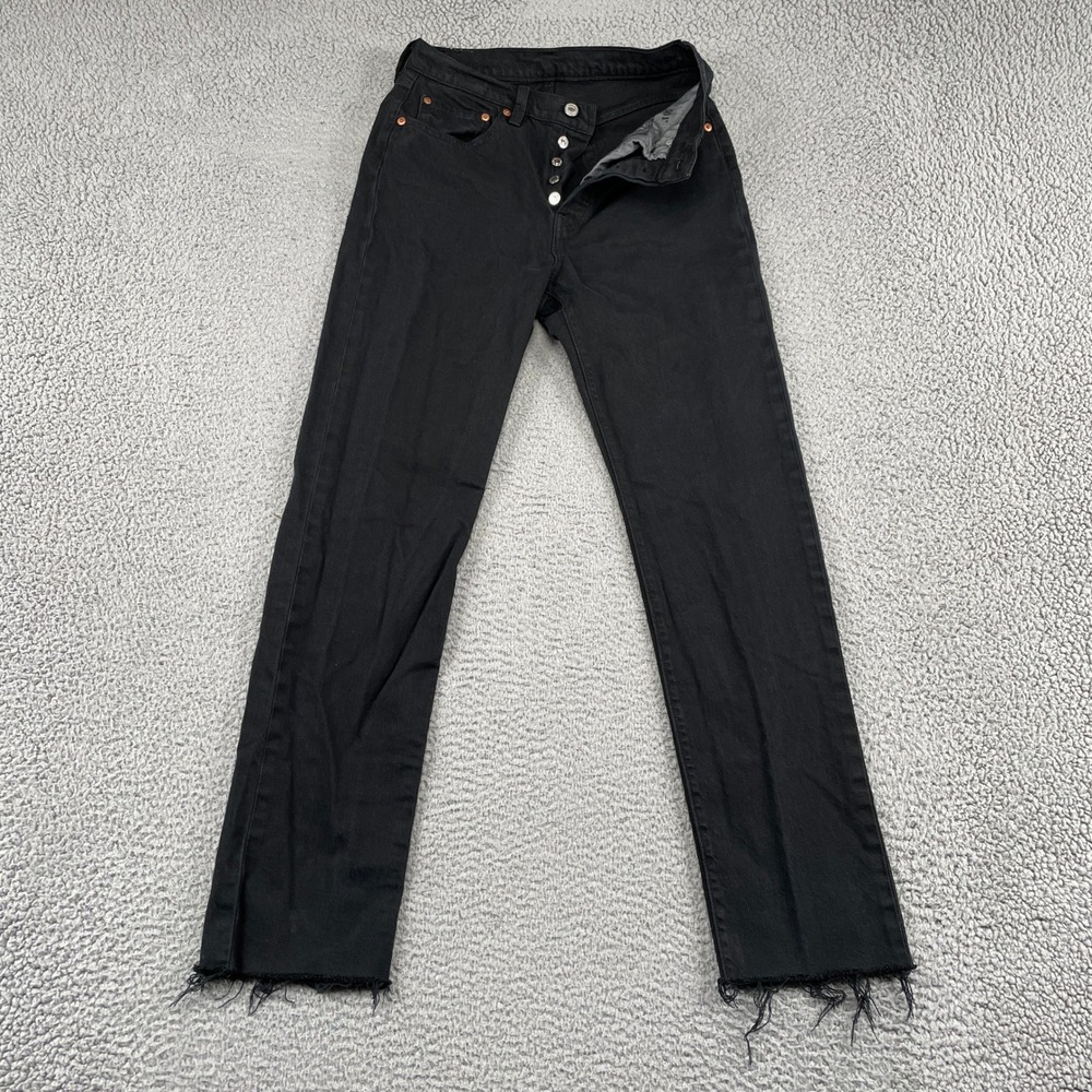Levis 501 Jeans Womens 27 Black Original Fit Straight Leg Raw Hem Stretch Denim